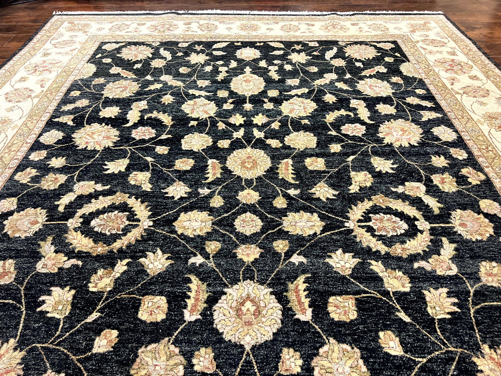 Indo Persian Rug 10x14, Charcoal and Beige, Floral Allover, Handmade Vintage Wool Carpet - Nuvé