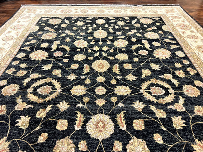 Indo Persian Rug 10x14, Charcoal and Beige, Floral Allover, Handmade Vintage Wool Carpet - Nuvé