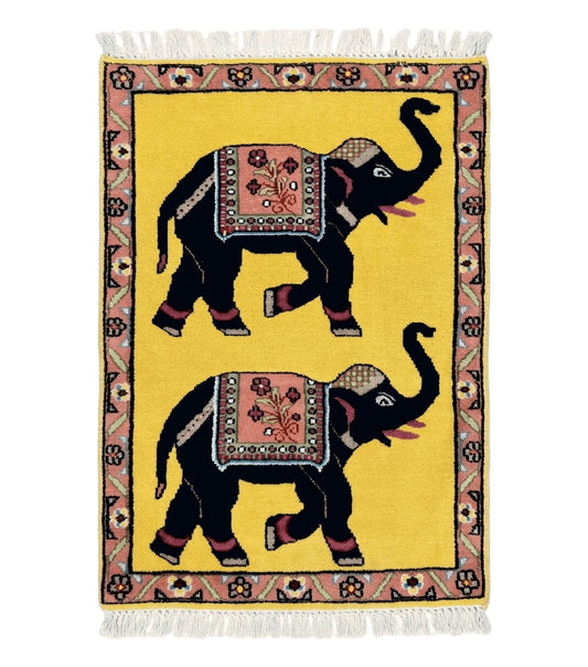 Unique Indian Pictorial Rug 2x3, Small Wool Hand Knotted Oriental Carpet, Yellow, Two Elephants, Handmade