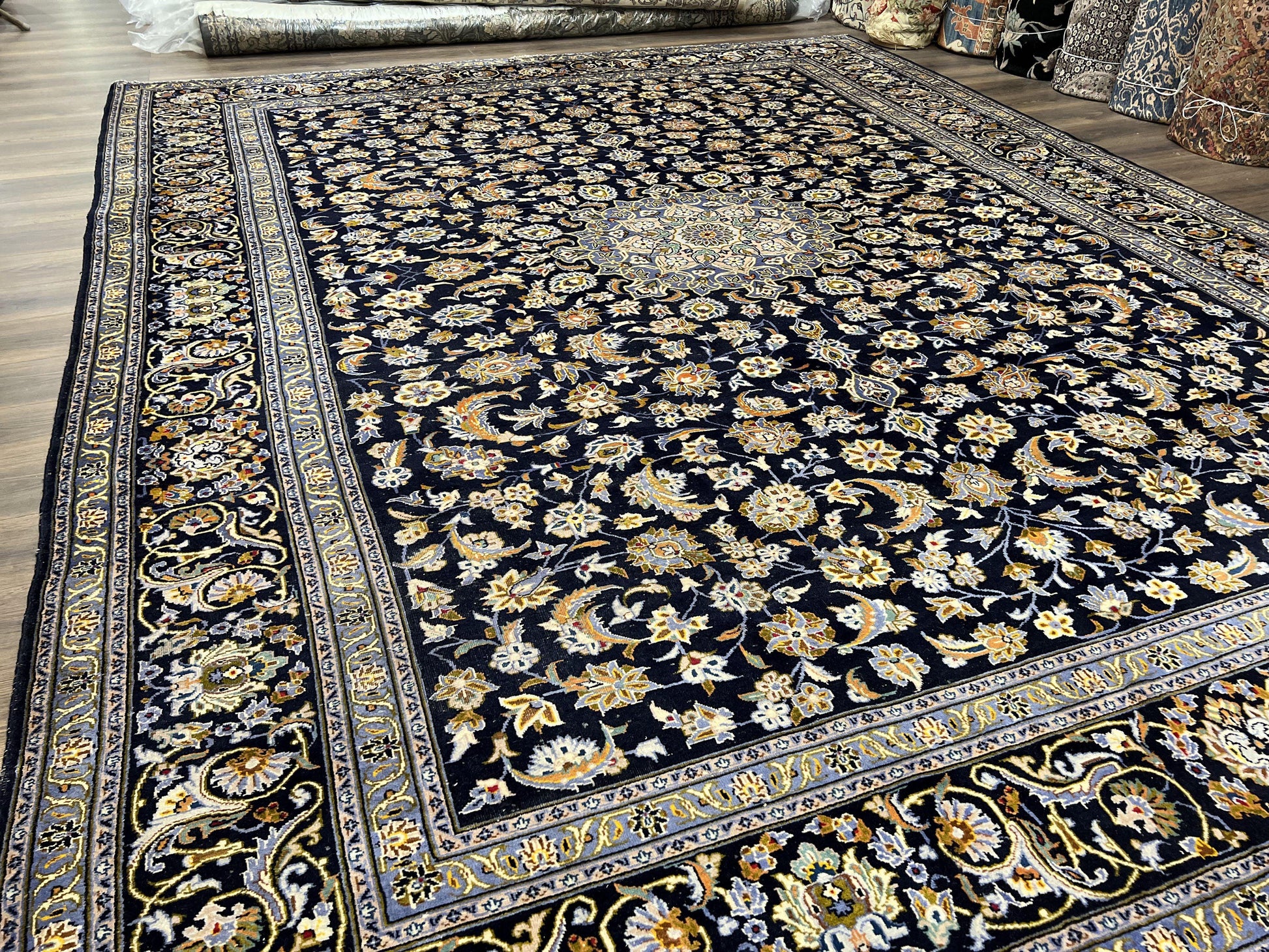 Wonderful Navy Blue Persian Kashan Rug 11x13, Allover Floral Design with Central Medallion, Wool Hand-Knotted Antique Carpet, Signed Rabani Rug - Nuvé
