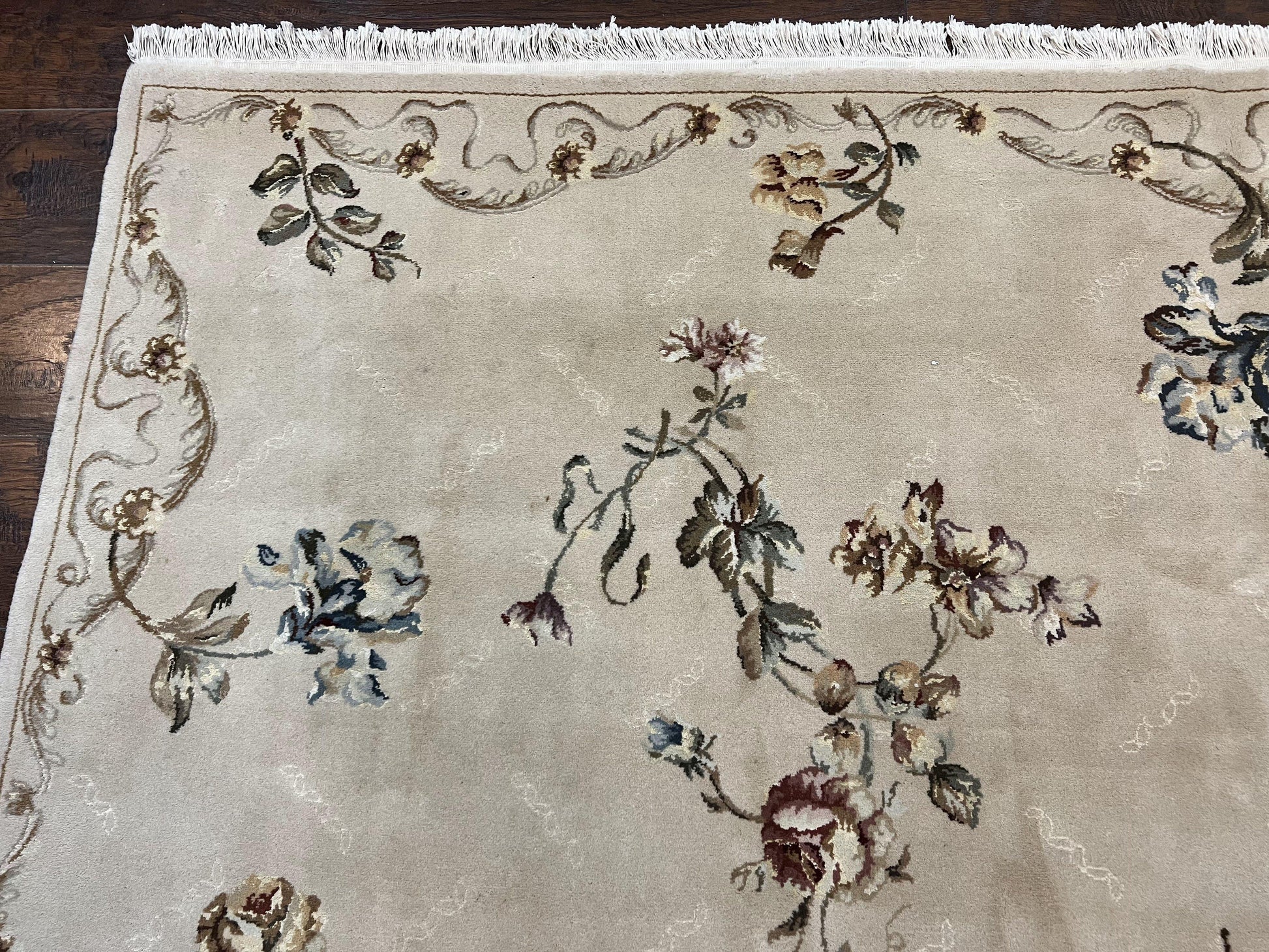 Chinese 120 Line Rug 8x10, Chinese Aubusson Wool & Silk Highlights Handmade Vintage Carpet, Beige Fine Weave Rug, Floral European Design - Nuvé
