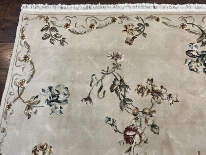 Chinese 120 Line Rug 8x10, Chinese Aubusson Wool & Silk Highlights Handmade Vintage Carpet, Beige Fine Weave Rug, Floral European Design - Nuvé