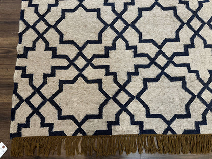 Indian Kilim Rug 8x10, Oat and Navy Blue, Dhurrie Carpet, Handmade, Wool