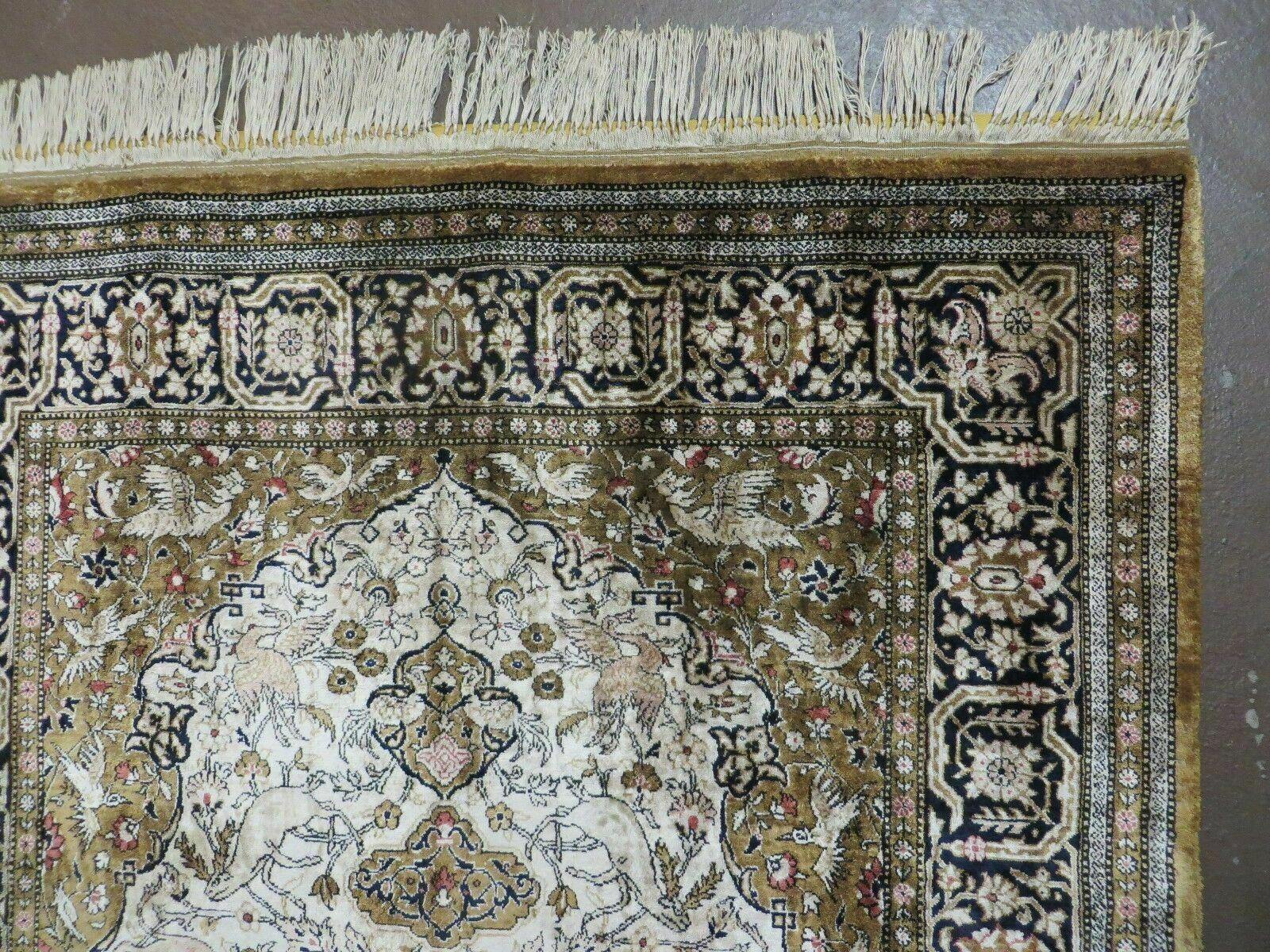 3' X 5' Fine Handmade Chinese Silk Rug Deer Birds Hand Knotted One Of A Kind - Nuvé