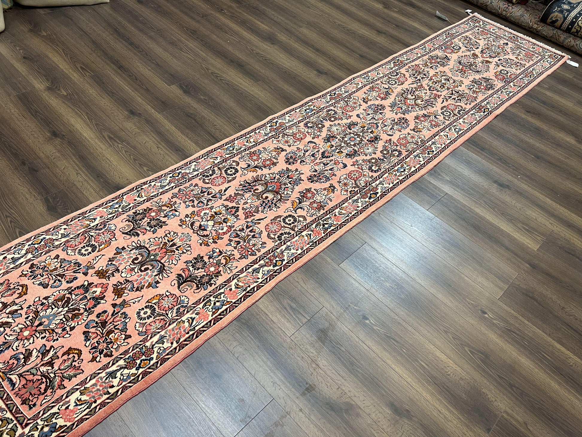 Persian Runner Rug 2.9 x 13.6, Semi Antique Vintage Persian Sarouk Hallway Rug, Wool Oriental Runner, Salmon and Cream, Floral Allover Hand Knotted - Nuvé