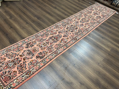Persian Runner Rug 2.9 x 13.6, Semi Antique Vintage Persian Sarouk Hallway Rug, Wool Oriental Runner, Salmon and Cream, Floral Allover Hand Knotted - Nuvé