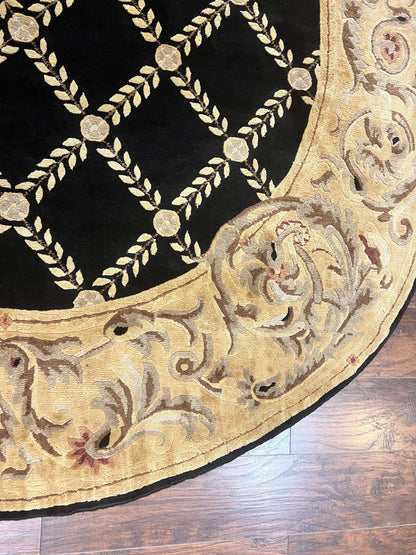 Oval Tibetan Rug 8x10, French Aubusson Design, Wool Handmade Vintage Carpet, Black & Beige, Soft Wool Pile - Nuvé