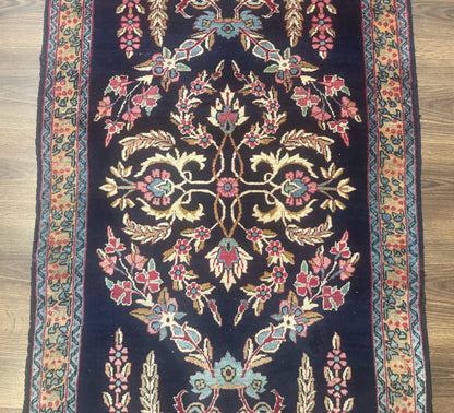 Antique Persian Kerman Rug 2.8 x 4, Navy Blue, Floral