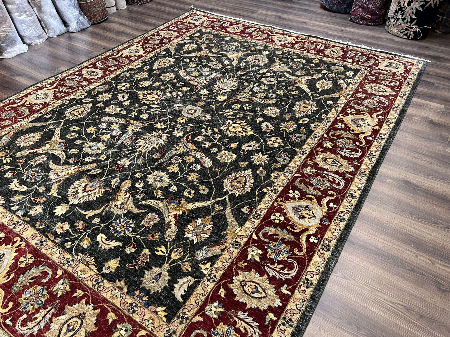 Pak Persian Mahal Rug 9x12, Allover Floral Pakistani Oriental Carpet 9 x 12, Wool Hand Knotted Area Rug, Dark Slate Gray-Black and Maroon - Nuvé