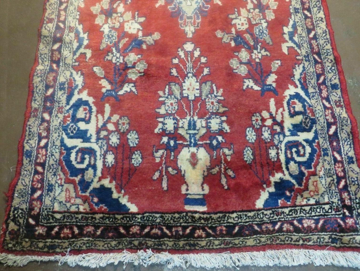 Persian Runner Rug 3 x 12, Antique Wool Oriental Runner, Floral Vases, Red & Navy Blue - Nuvé