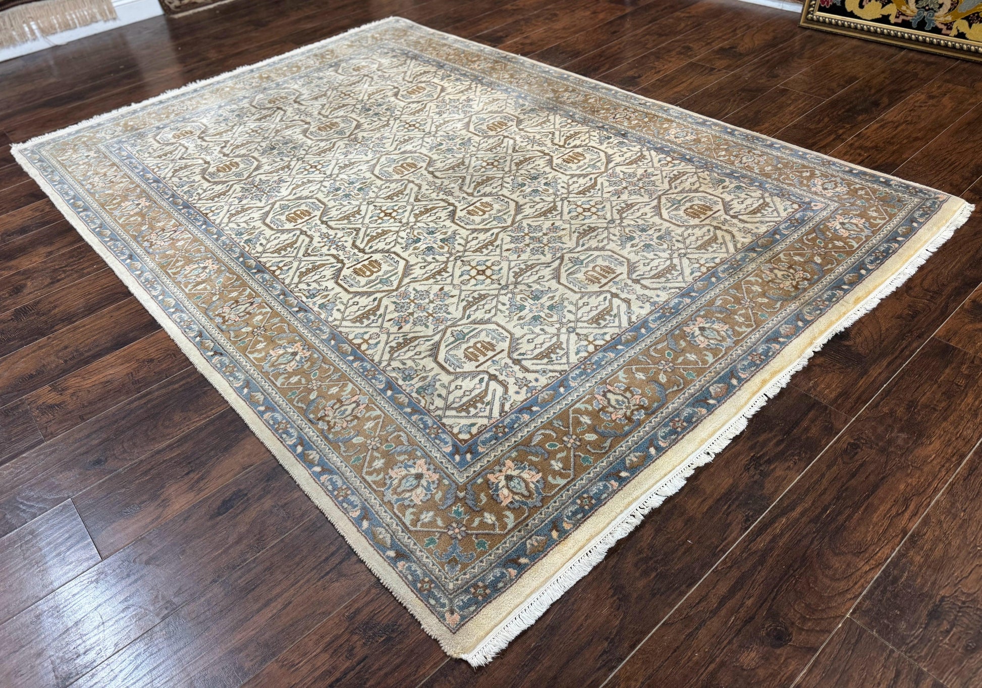 Indo Persian Rug 6x9, Beige, Allover Pattern, Vintage Wool Oriental Carpet - Nuvé