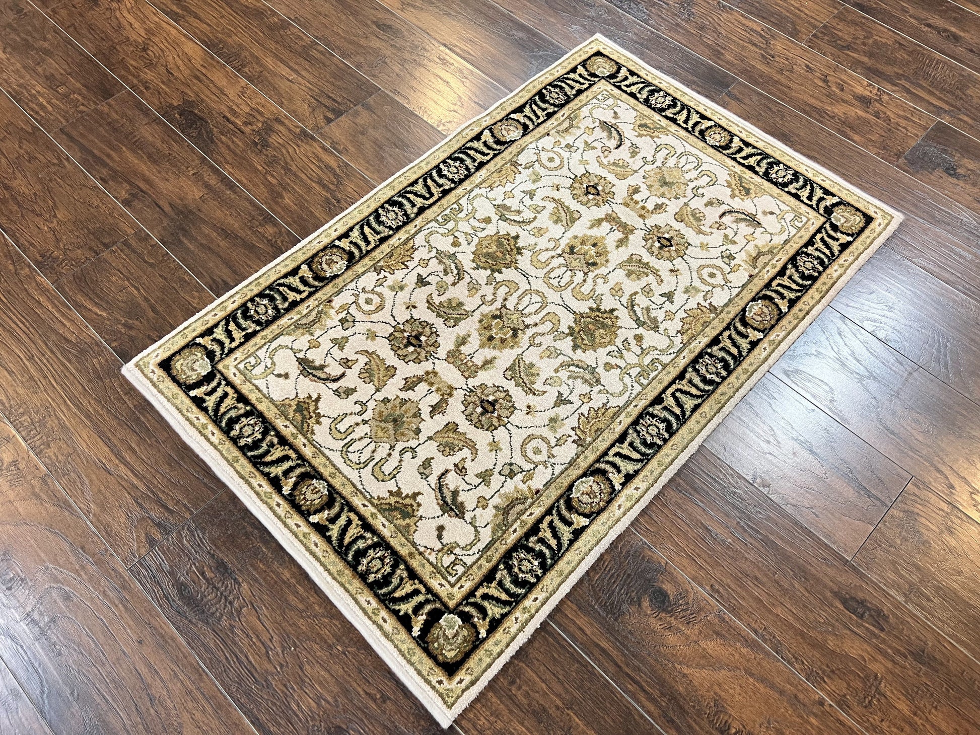 Small Indo Mahal Rug 2.5 x 4, Wool Indian Oriental Carpet, Hand Knotted Handmade Vintage Traditional Rug, Beige Tan Black - Nuvé