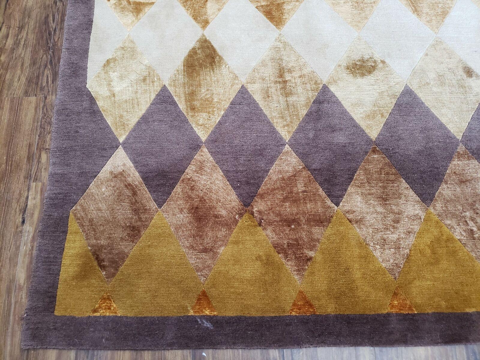 8' 6" X 11' Handmade Chinese Tibetan Nepal Silk & Wool Rug Gold Brown Tan Beige - Nuvé