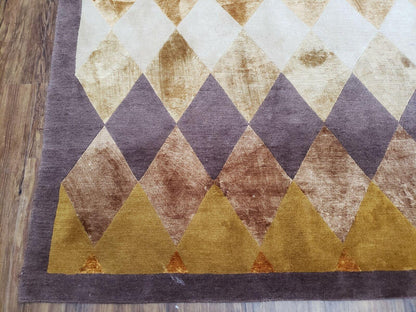 8' 6" X 11' Handmade Chinese Tibetan Nepal Silk & Wool Rug Gold Brown Tan Beige - Nuvé