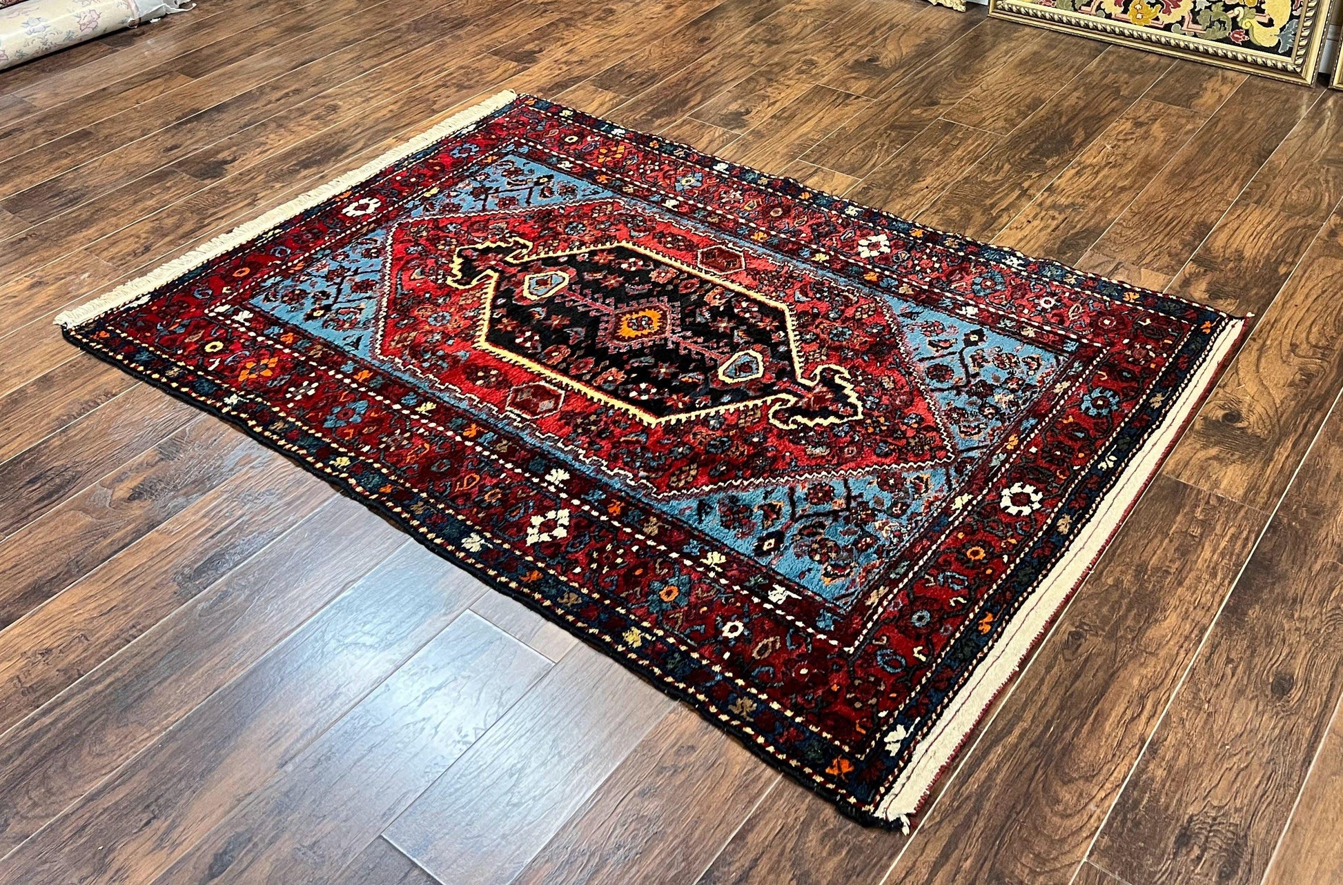 Antique Persian Tribal Rug 4x7, Wool Handmade 1920s Carpet, Red Blue, Persian Hamadan Rug - Nuvé