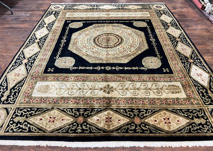 Tibetan Rug 8x10, Nepali Area Rug, Soft New Zealand Wool Carpet 8 x 10 ft, Black Tan Beige, Vintage Handmade Rug, French Aubusson Pattern - Nuvé