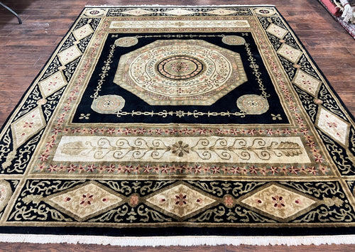 Tibetan Rug 8x10, Nepali Area Rug, Soft New Zealand Wool Carpet 8 x 10 ft, Black Tan Beige, Vintage Handmade Rug, French Aubusson Pattern - Nuvé