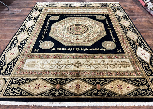 Tibetan Rug 8x10, Nepali Area Rug, Soft New Zealand Wool Carpet 8 x 10 ft, Black Tan Beige, Vintage Handmade Rug, French Aubusson Pattern - Nuvé
