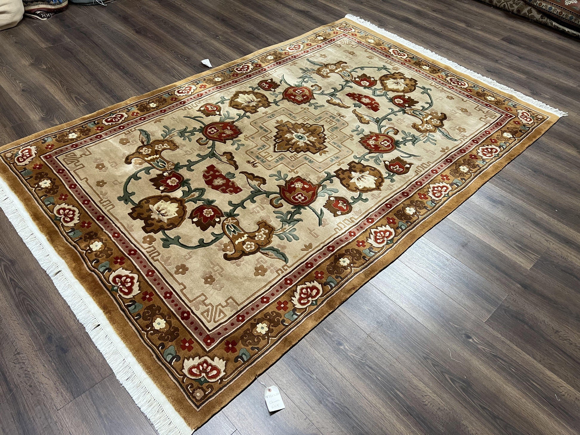 Chinese Wool Rug 5.9 x 9, Tan and Brown Asian Art Deco Carpet, Vintage 1960s Oriental Rug, Hand-Knotted Rug, Soft Wool, Medallion, Pair B - Nuvé