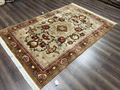 Chinese Wool Rug 5.9 x 9, Tan and Brown Asian Art Deco Carpet, Vintage 1960s Oriental Rug, Hand-Knotted Rug, Soft Wool, Medallion, Pair B - Nuvé