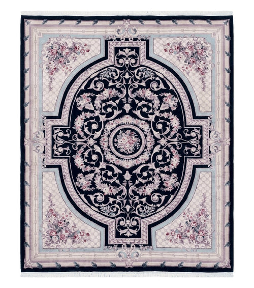 8x10 Aubusson Rug, Fine Hand Knotted Wool Carpet, French European Design, Black & Ivory