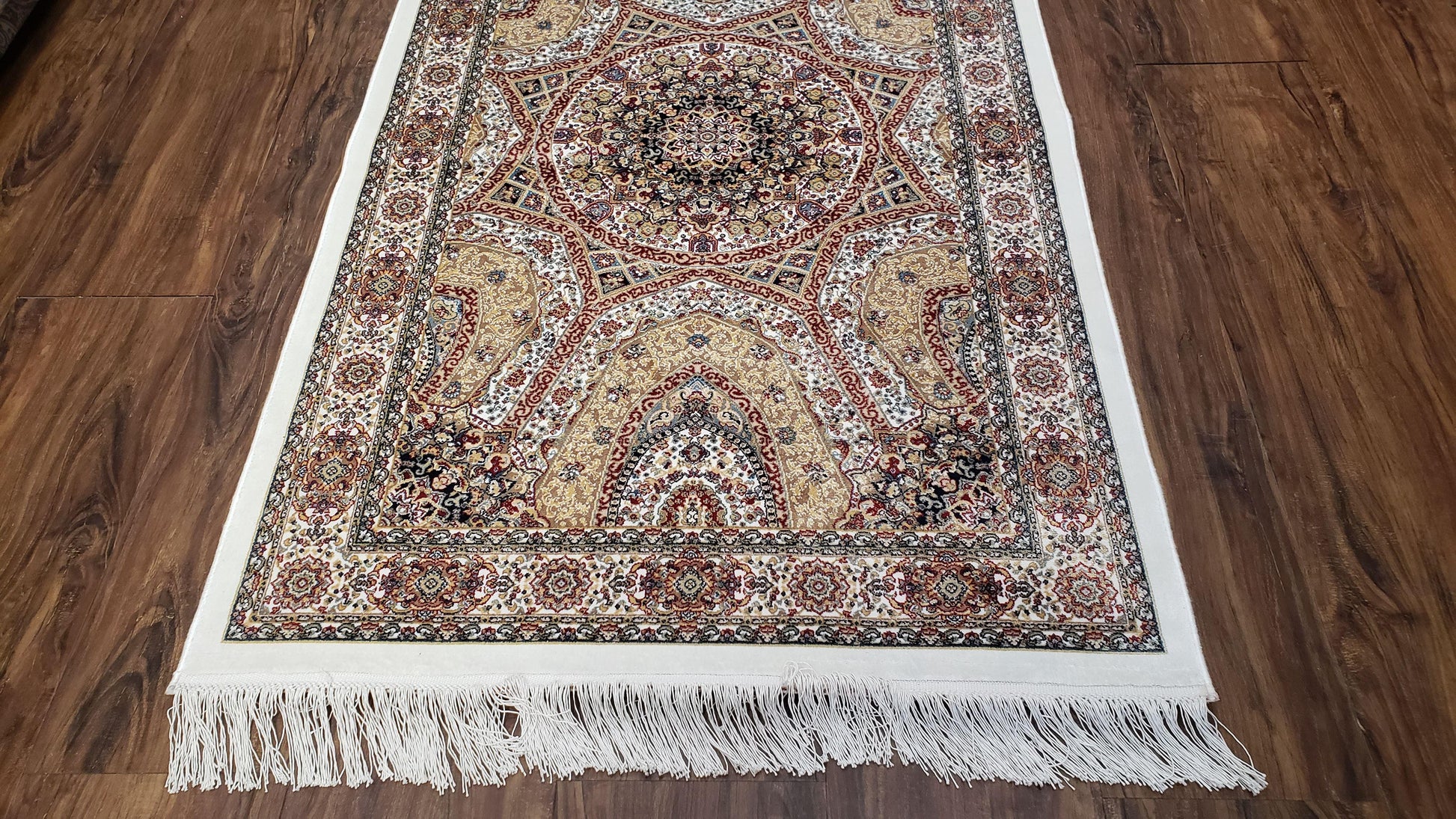 Persian Design Silk Accent Rug, Dome Medallion, Allover Pattern Oriental Carpet, Small Silk Rug, Cream, Ivory, Bamboo Silk, 2' 8" x 4' 1" - Nuvé