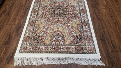 Persian Design Silk Accent Rug, Dome Medallion, Allover Pattern Oriental Carpet, Small Silk Rug, Cream, Ivory, Bamboo Silk, 2' 8" x 4' 1" - Nuvé