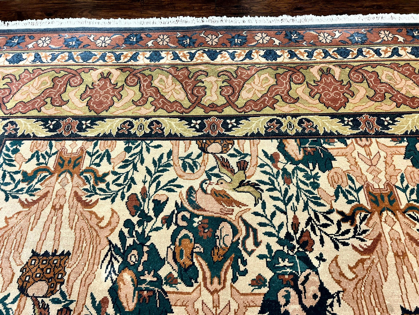 10x13 Wool Rug, Floral Pattern, Birds, Handmade Vintage Carpet, Couristan Rug, Beige - Nuvé