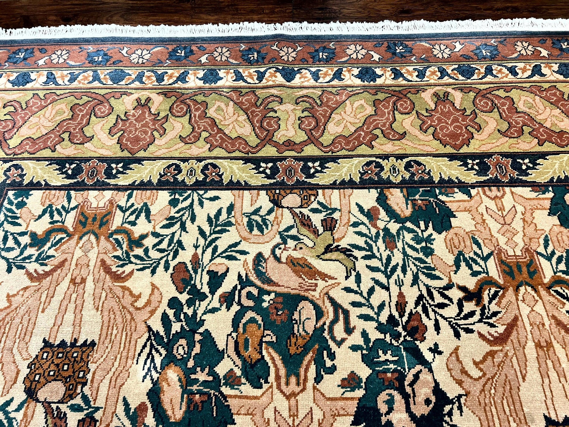 10x13 Wool Rug, Floral Pattern, Birds, Handmade Vintage Carpet, Couristan Rug, Beige - Nuvé