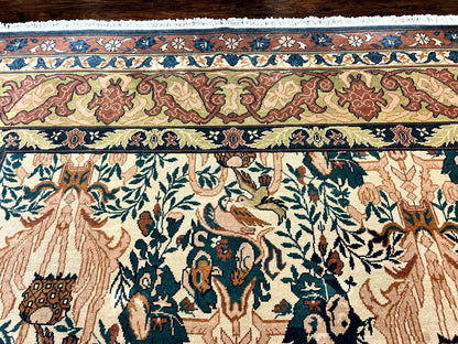 10x13 Wool Rug, Floral Pattern, Birds, Handmade Vintage Carpet, Couristan Rug, Beige - Nuvé