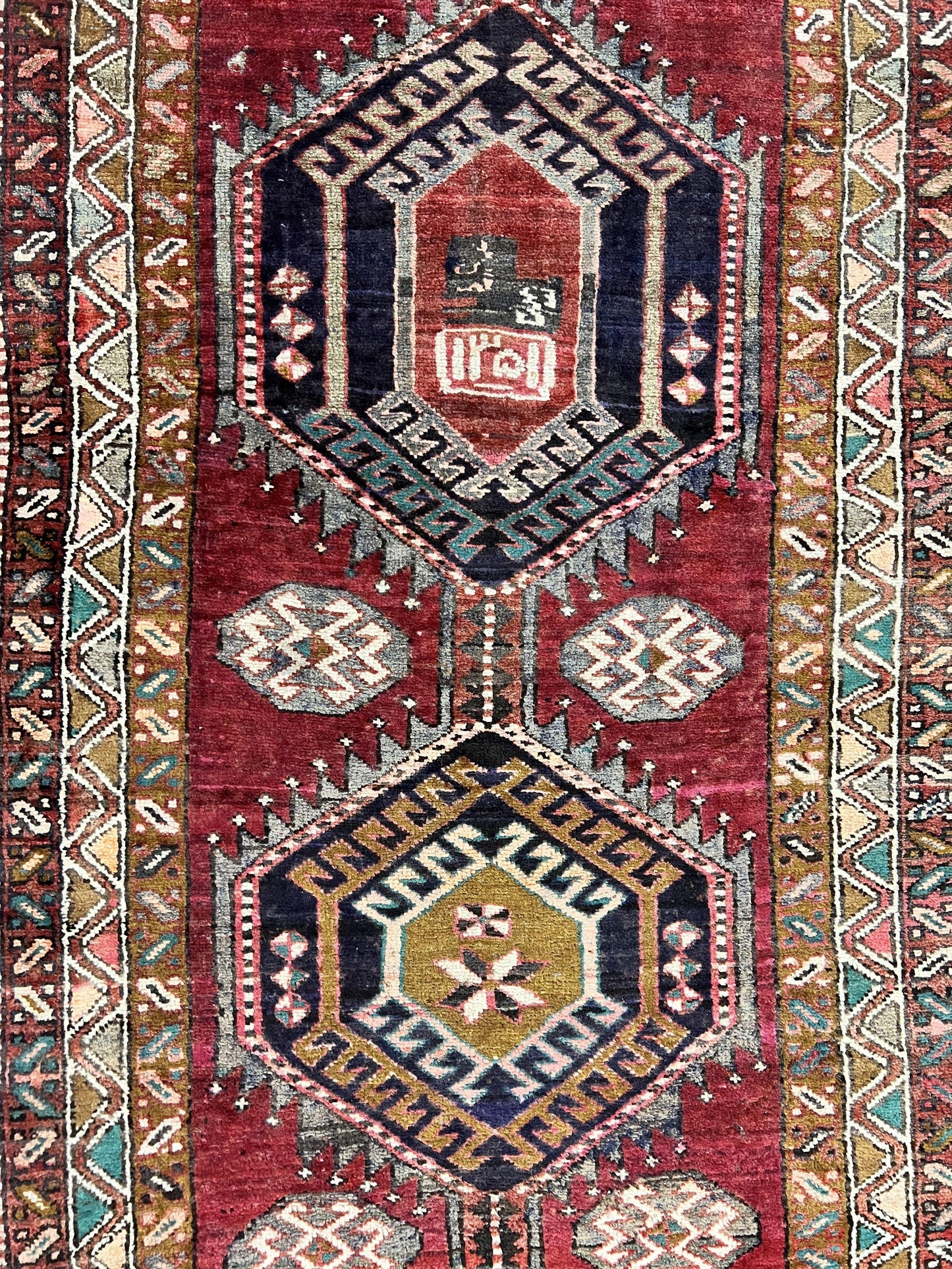 Persian Heriz Runner Rug 3.8 x 8.6, Geometric Design, Large Triple Medallions, Hand Knotted Handmade Vintage Wool Hallway Rug, Red - Nuvé