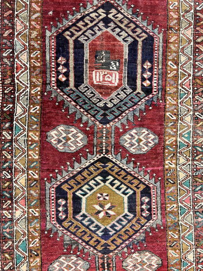 Persian Heriz Runner Rug 3.8 x 8.6, Geometric Design, Large Triple Medallions, Hand Knotted Handmade Vintage Wool Hallway Rug, Red - Nuvé