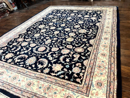 Indo Persian Rug 9x12, Navy Blue and Ivory/Cream, Floral Allover, Wool Vintage Handmade Carpet - Nuvé