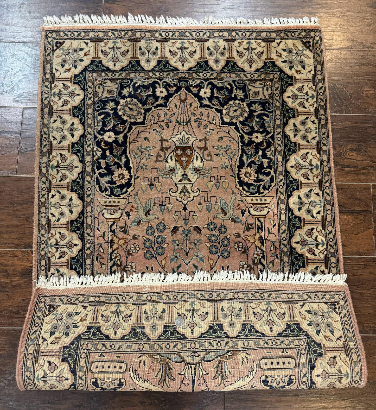 Small Tree of Life Prayer Rug, Pak Persian Rug 2.7 x 4, , Birds, Lantern, Handmade Vintage Fine 260 KPSI - Nuvé