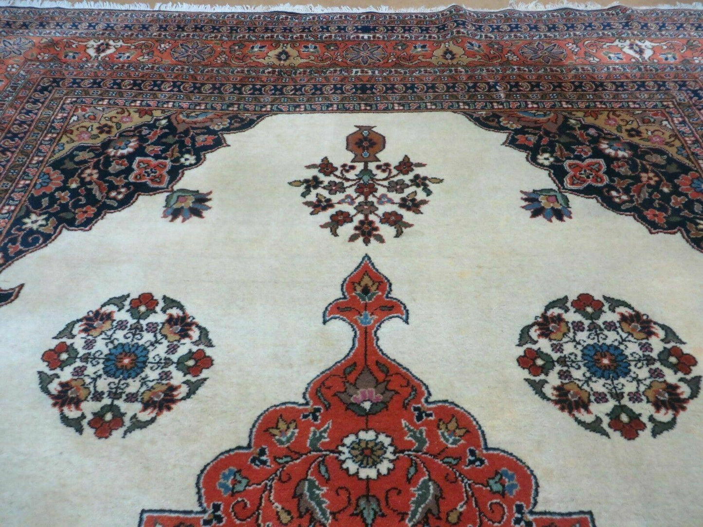 Indo Persian Rug 9x12, Semi Open Field Medallion, Ivory Tomato Red Navy Blue, Hand Knotted Indian Oriental Wool Carpet 9 x 12 ft, Room Sized - Nuvé