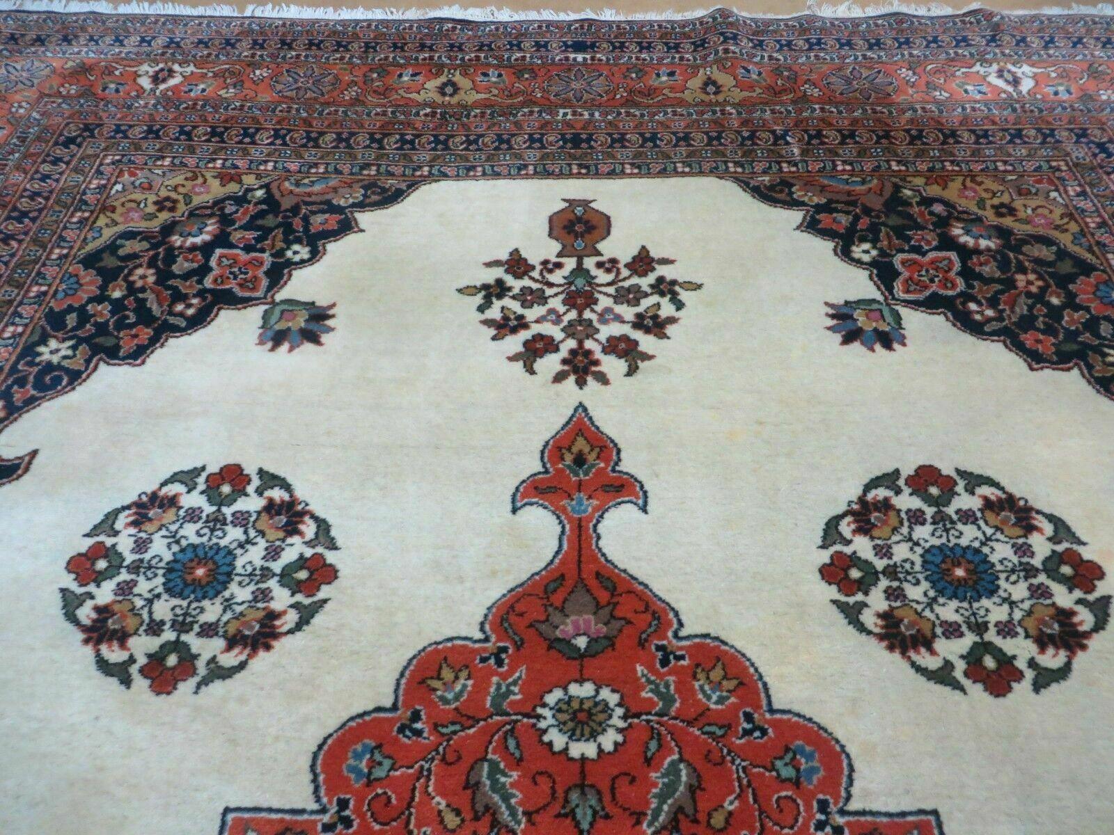 Indo Persian Rug 9x12, Semi Open Field Medallion, Ivory Tomato Red Navy Blue, Hand Knotted Indian Oriental Wool Carpet 9 x 12 ft, Room Sized - Nuvé