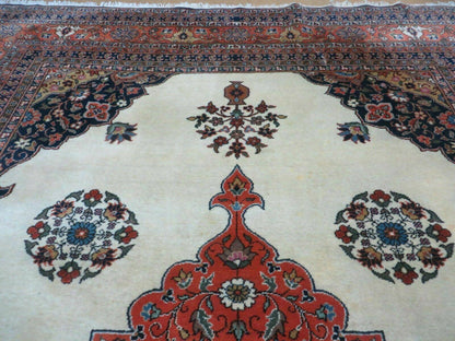 Indo Persian Rug 9x12, Semi Open Field Medallion, Ivory Tomato Red Navy Blue, Hand Knotted Indian Oriental Wool Carpet 9 x 12 ft, Room Sized - Nuvé
