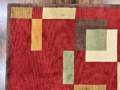 Indo Tibetan Modern Rug 5x8, Abstract Rug 5 x 8 ft, Red Multicolor Wool Handmade Contemporary Area Rug - Nuvé