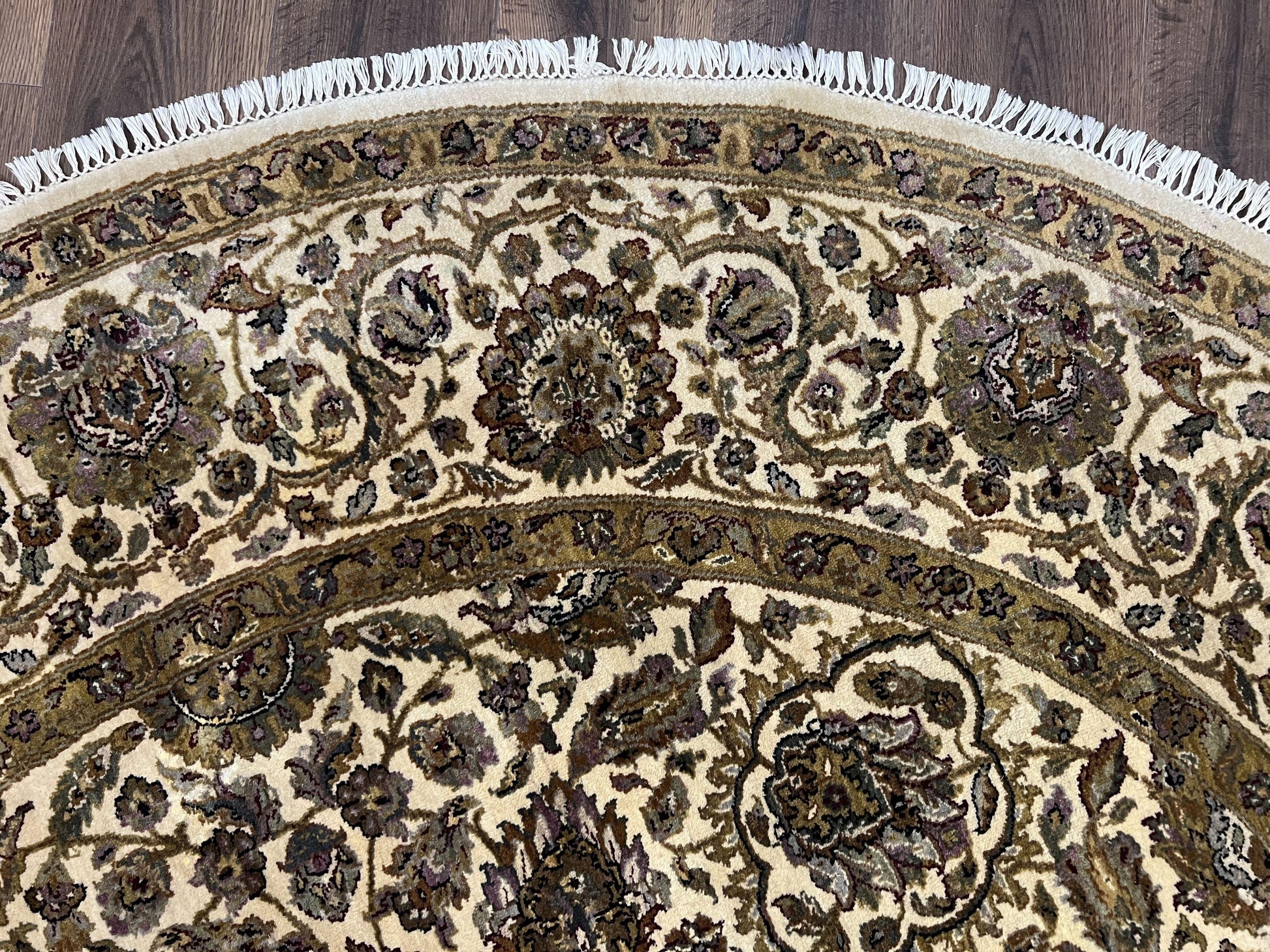 Round Indo Persian Rug 8x8 ft, Large Hand Knotted Vintage Wool Circular Carpet, 8ft Round Oriental Rug, Floral Medallion, Cream and Green - Nuvé