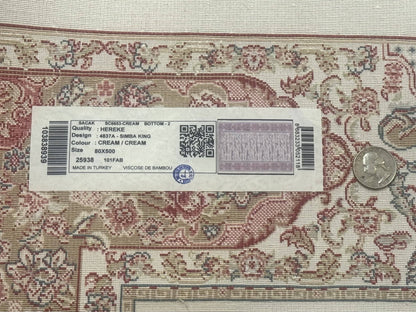 Long Turkish Silk Runner Rug 2.6 x 16.5, Hunting Design, Ivory, Bamboo Silk, New - Nuvé