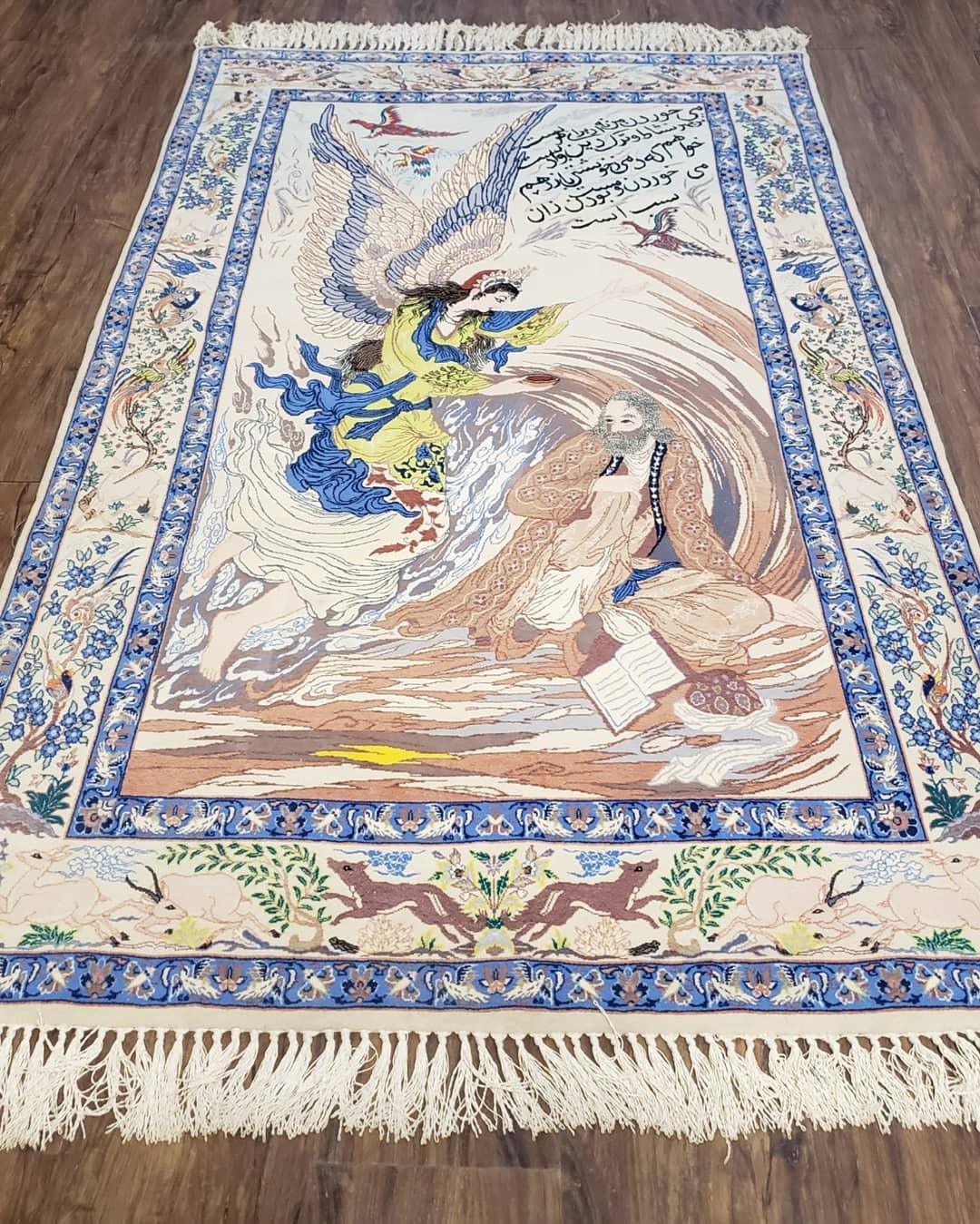 Semi Antique Persian Pictorial Rug 3'6" x 6", Angel Speaking to Prophet, Kork Wool on Silk Foundation, Detailed, Animals, Poetry, Wall Hanging Rug - Nuvé