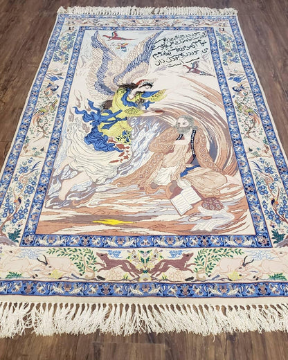 Semi Antique Persian Pictorial Rug 3'6" x 6", Angel Speaking to Prophet, Kork Wool on Silk Foundation, Detailed, Animals, Poetry, Wall Hanging Rug - Nuvé