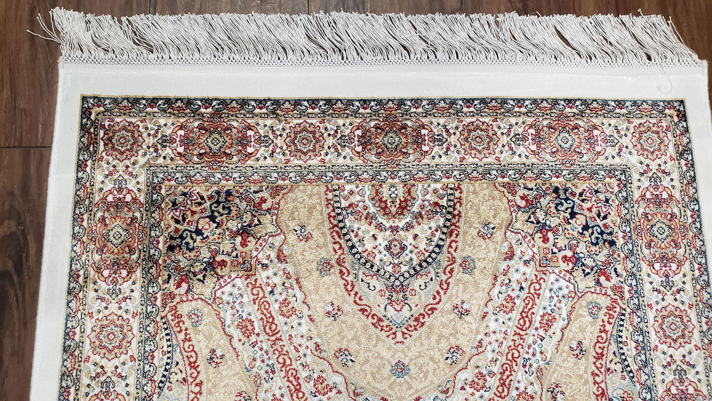 Persian Design Silk Accent Rug, Dome Medallion, Allover Pattern Oriental Carpet, Small Silk Rug, Cream, Ivory, Bamboo Silk, 2' 8" x 4' 1" - Nuvé