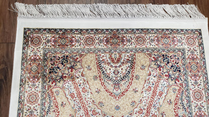 Persian Design Silk Accent Rug, Dome Medallion, Allover Pattern Oriental Carpet, Small Silk Rug, Cream, Ivory, Bamboo Silk, 2' 8" x 4' 1" - Nuvé