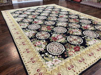 9x12 Black Needlepoint Rug, European Floral Panel Design, Handwoven, Vintage Chinese Needlepoint, Black Green Beige, Wool Rug 9 x 12 - Nuvé