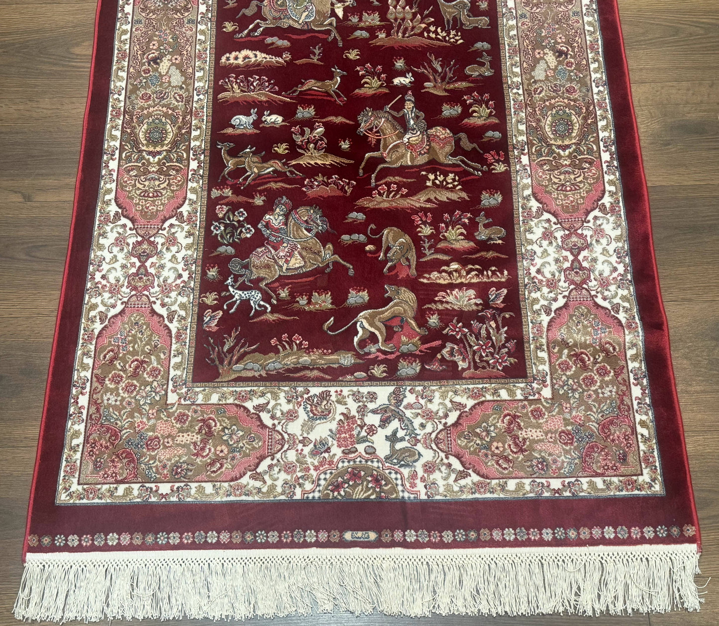 Turkish Silk Rug 3x5, Hunting Design, Dark Red & Ivory, Bamboo Silk, New - Nuvé