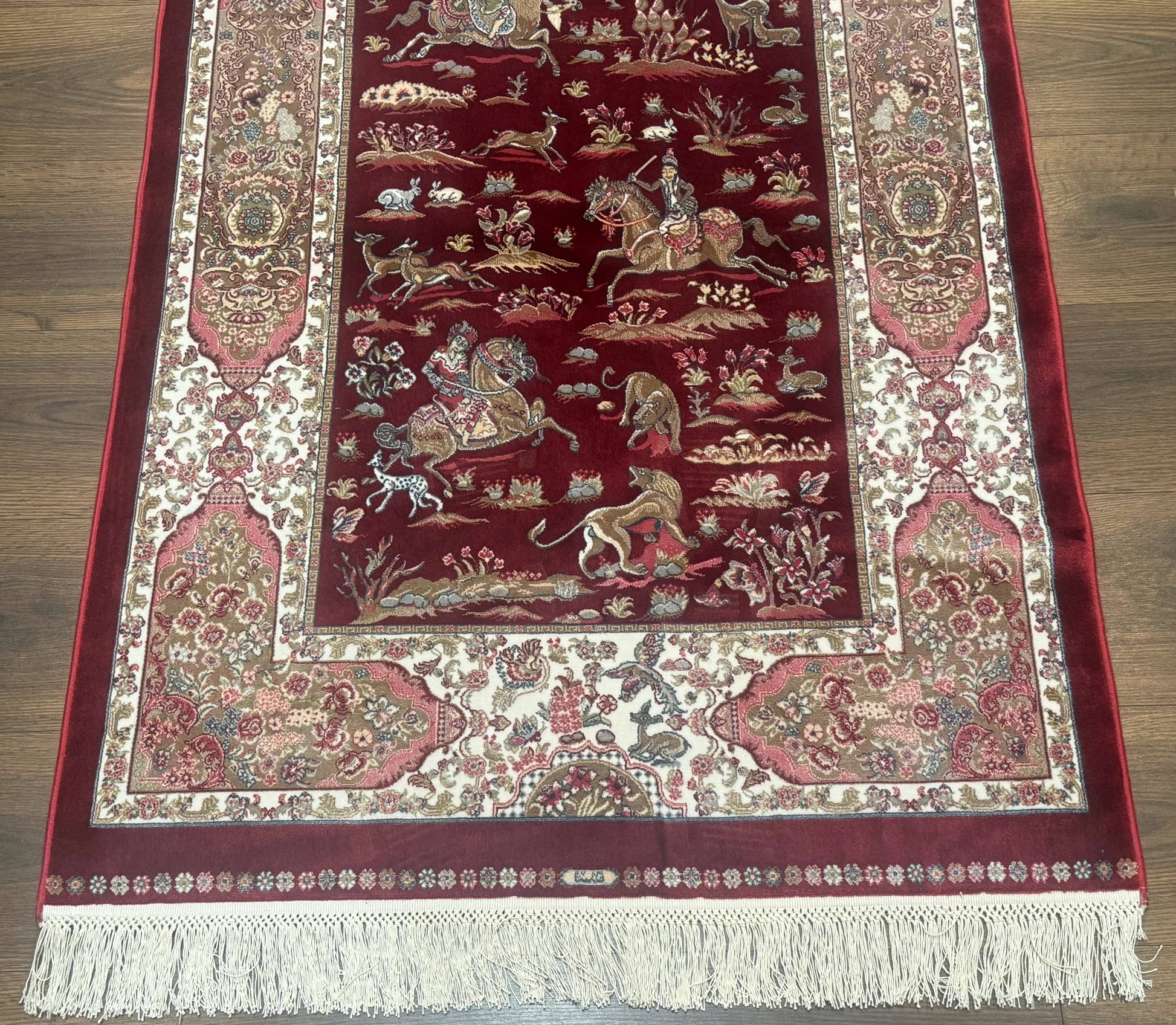 Turkish Silk Rug 3x5, Hunting Design, Dark Red & Ivory, Bamboo Silk, New - Nuvé