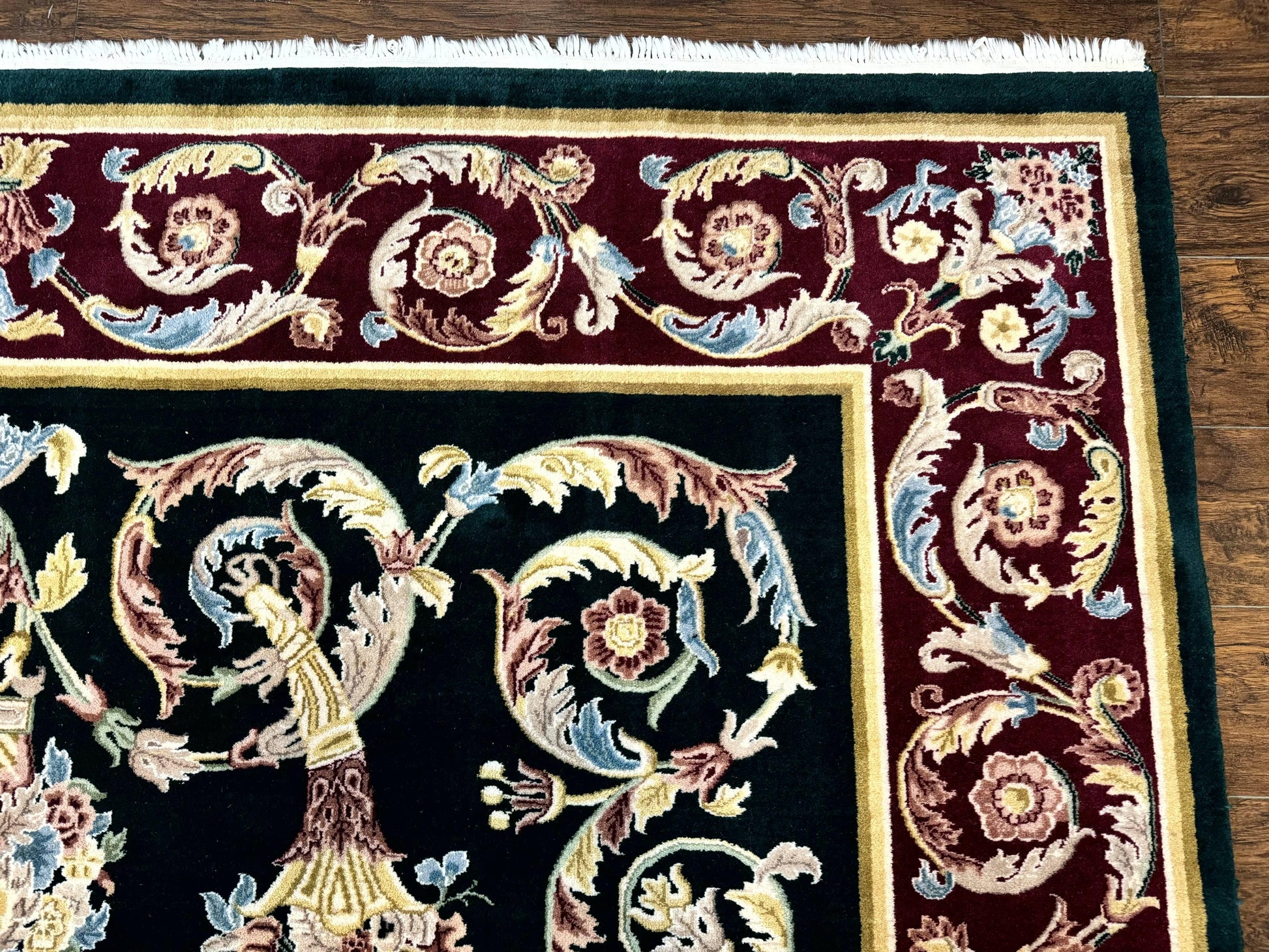 Aubusson Rug 9x12, Dark Green, European Design, Vintage Fine Handmade Carpet, Elegant - Nuvé