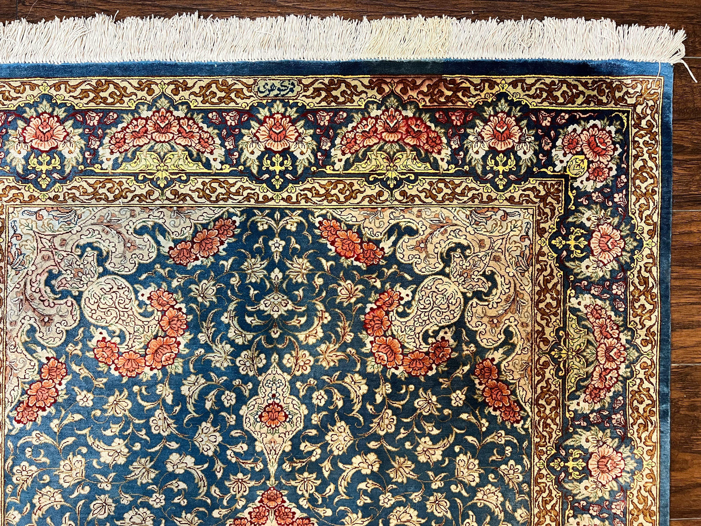 Magnificent Persian Qum Silk Rug 3x5, Blue, Super Fine 675 KPSI - 70 Raj, Floral Roses, Handmade Vintage Silk Carpet, Masterpiece - Nuvé