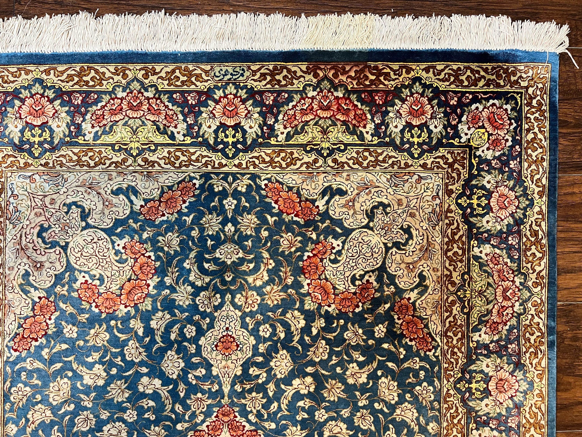 Magnificent Persian Qum Silk Rug 3x5, Blue, Super Fine 675 KPSI - 70 Raj, Floral Roses, Handmade Vintage Silk Carpet, Masterpiece - Nuvé